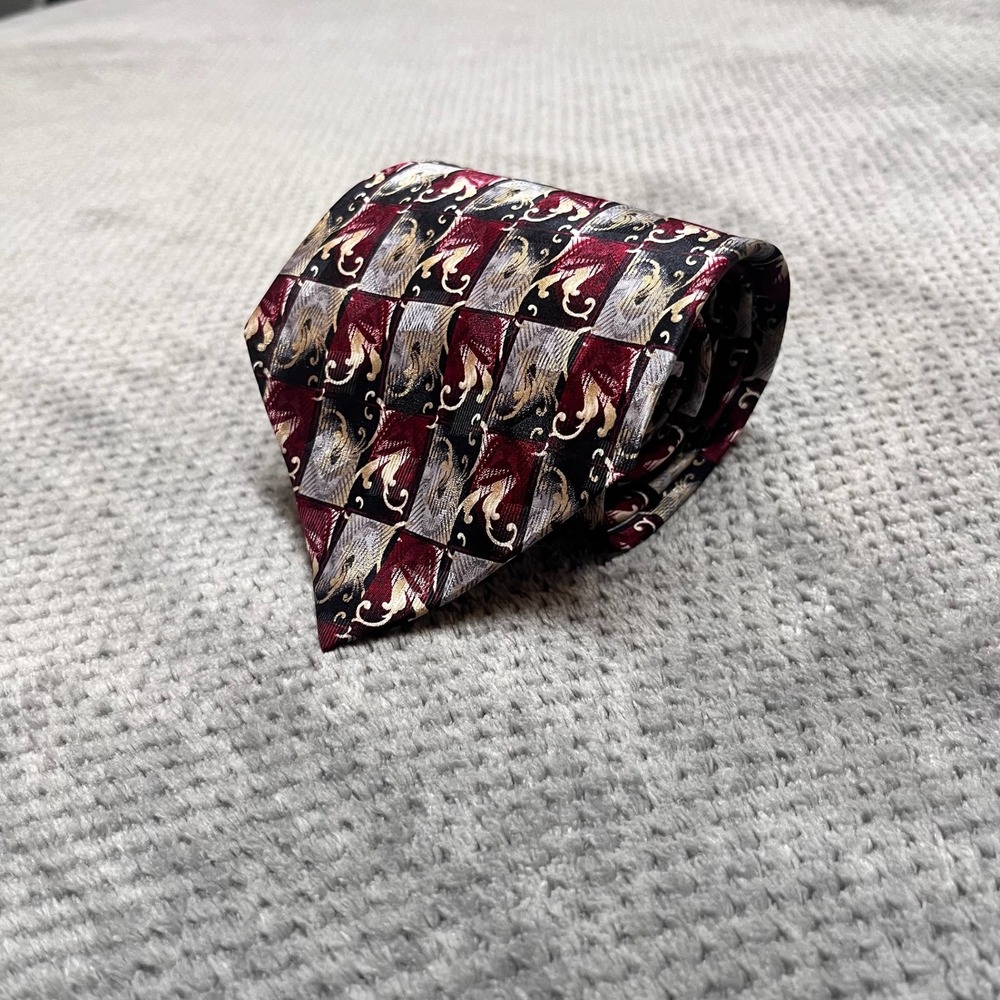 Pierre Cardin Mens Silk Tie Burgundy Silver Gold Geometric Scroll Pattern Wide